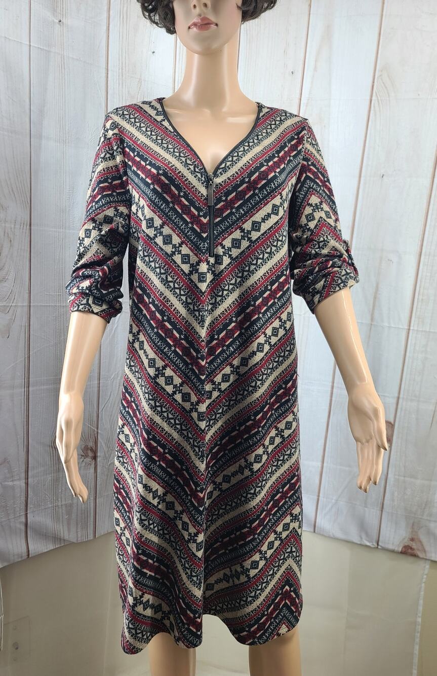 TACERA Women L Boho Style Zipper V-Neck 3/4 Sleeve Knee Length Tunic Dress